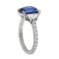 Platinum Three Stone Cushion Cut Blue Sapphire and Diamond Ring