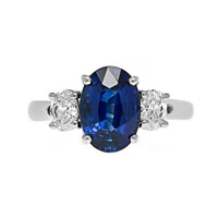 Platinum Three Stone Oval Blue Sapphire and Diamond Ring