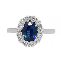 Platinum Oval Blue Sapphire and Diamond Halo Ring
