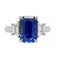 Platinum Three Stone Emerald Cut Sapphire and Trapezoid Diamond Ring