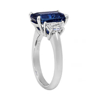 Platinum Three Stone Emerald Cut Sapphire and Trapezoid Diamond Ring