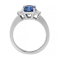 Platinum Three Stone Emerald Cut Sapphire and Cadillac Diamond Ring
