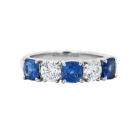 Platinum 5 Stone Shared Prong Alternating Round Diamond and Cushion Sapphire Band