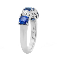 Platinum 5 Stone Shared Prong Alternating Round Diamond and Cushion Sapphire Band