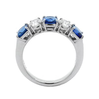 Platinum 5 Stone Shared Prong Alternating Round Diamond and Cushion Sapphire Band