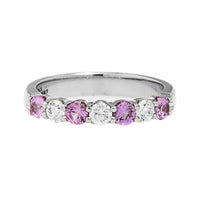 18K White Gold 7 Stone Alternating Round Diamond and Pink Sapphire Band