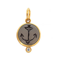 24K Yellow Gold and Sterling Silver Round Moonstone and Diamond Anchor Charm