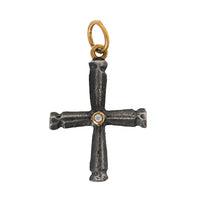 24K Yellow Gold and Sterling Silver Diamond Cross Charm