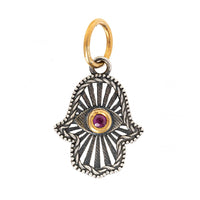 24K Yellow Gold and Sterling Silver Ruby Evil Eye Hamsa Charm