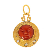 24K Yellow Gold and Sterling Silver Coral and Diamond Sun Face Charm