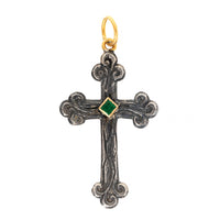 24K Yellow Gold and Sterling Silver Antique Princess Cut Emerald Cross Charm