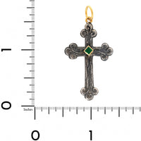24K Yellow Gold and Sterling Silver Antique Princess Cut Emerald Cross Charm
