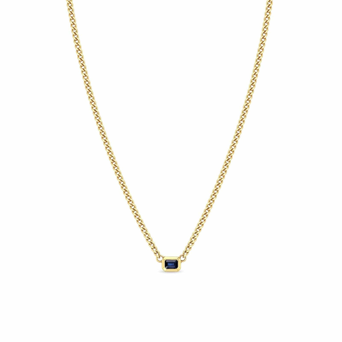 14K Yellow Gold X Small Curb Chain Blue Sapphire Pendant Necklace