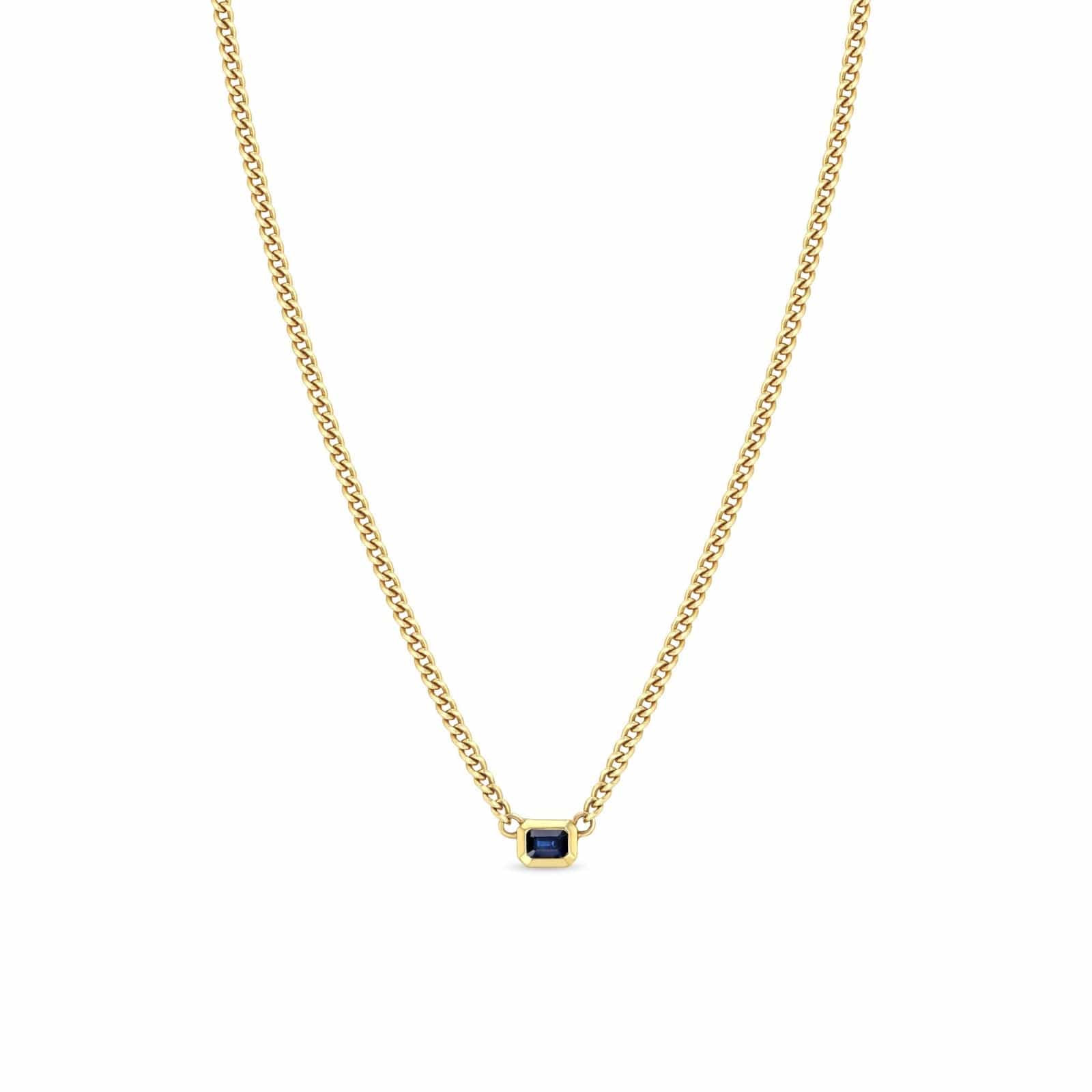 14K Yellow Gold X Small Curb Chain Blue Sapphire Pendant Necklace