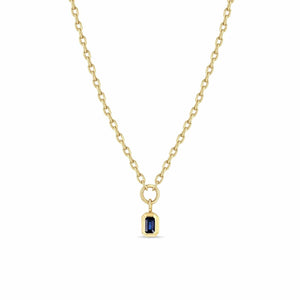 14K Yellow Gold Small Oval Chain Blue Sapphire Drop Pendant Necklace