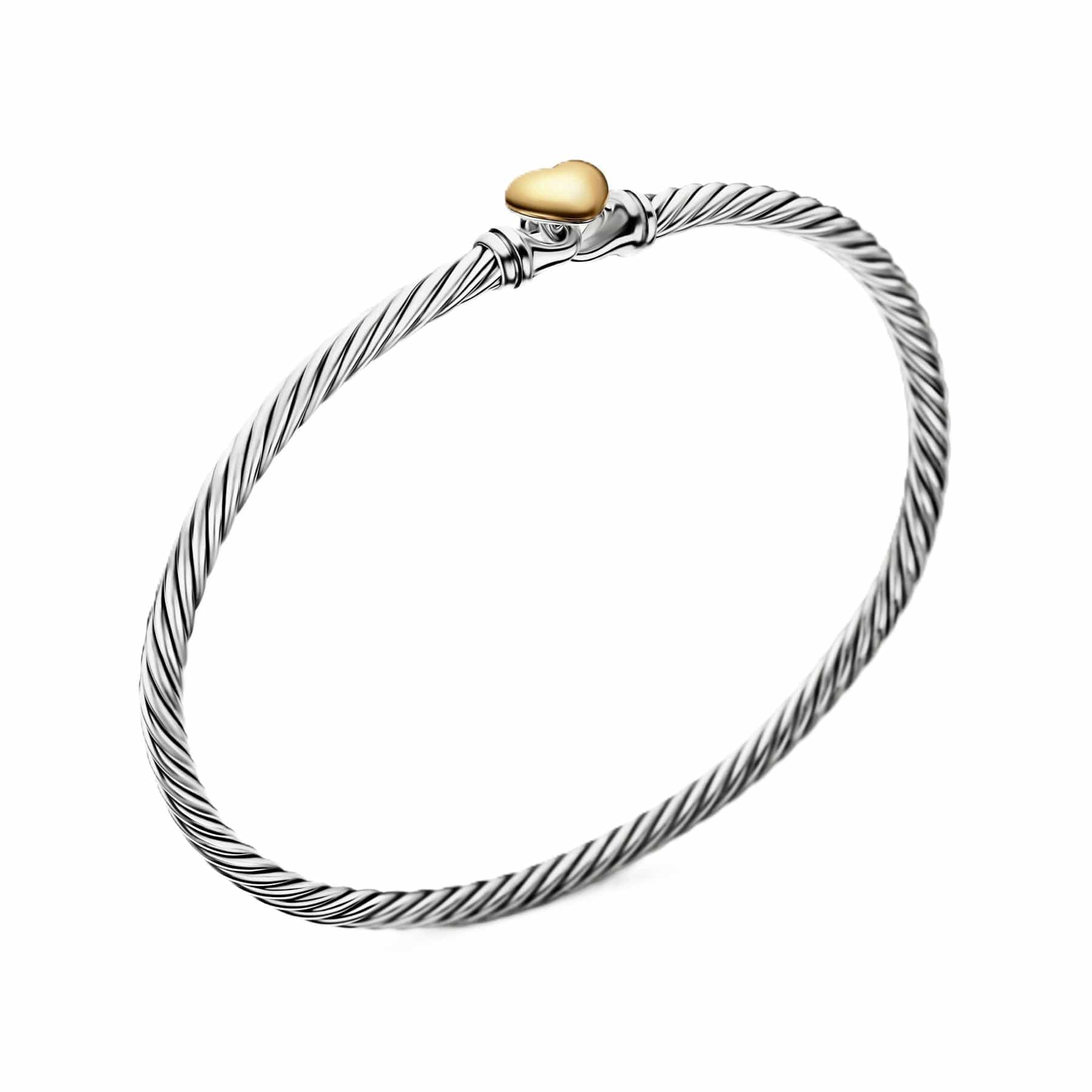 Classic Cable Heart Station Bracelet Sterling Silver with 18K Yellow Gold, 3mm
