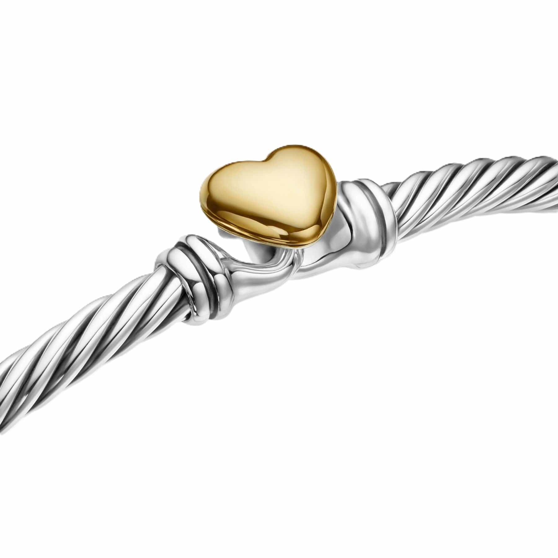 Classic Cable Heart Station Bracelet Sterling Silver with 18K Yellow Gold, 3mm
