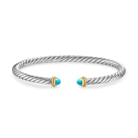 Cable Flex Bracelet in Sterling Silver with 14K Yellow Gold and Turquoise, 4mm
