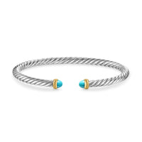 Cable Flex Bracelet in Sterling Silver with 14K Yellow Gold and Turquoise, 4mm