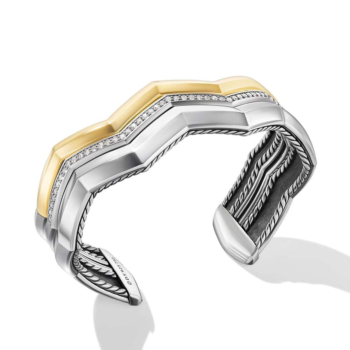 Zig Zag Stax™ Three Row Cuff Bracelet in Sterling Silver with 18K Yellow Gold and Diamonds, 17.4mm