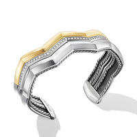 Zig Zag Stax™ Three Row Cuff Bracelet in Sterling Silver with 18K Yellow Gold and Diamonds, 17.4mm