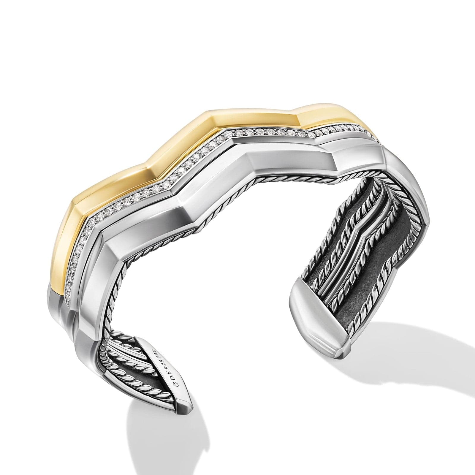 Zig Zag Stax™ Three Row Cuff Bracelet in Sterling Silver with 18K Yellow Gold and Diamonds, 17.4mm