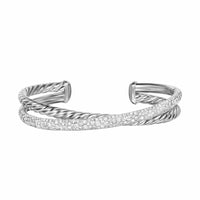 Pavé Crossover Two Row Cuff Bracelet Sterling Silver with Diamonds, 11mm