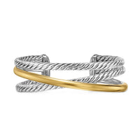 Crossover Three Row Cuff Bracelet Sterling Silver with 14K Yellow Gold, 20mm