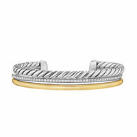 DY Mercer® Three Row Cuff Bracelet Sterling Silver with 18K Yellow Gold and Diamonds, 10.4mm