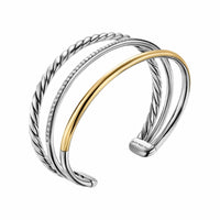 DY Mercer® Three Row Cuff Bracelet Sterling Silver with 18K Yellow Gold and Diamonds, 10.4mm