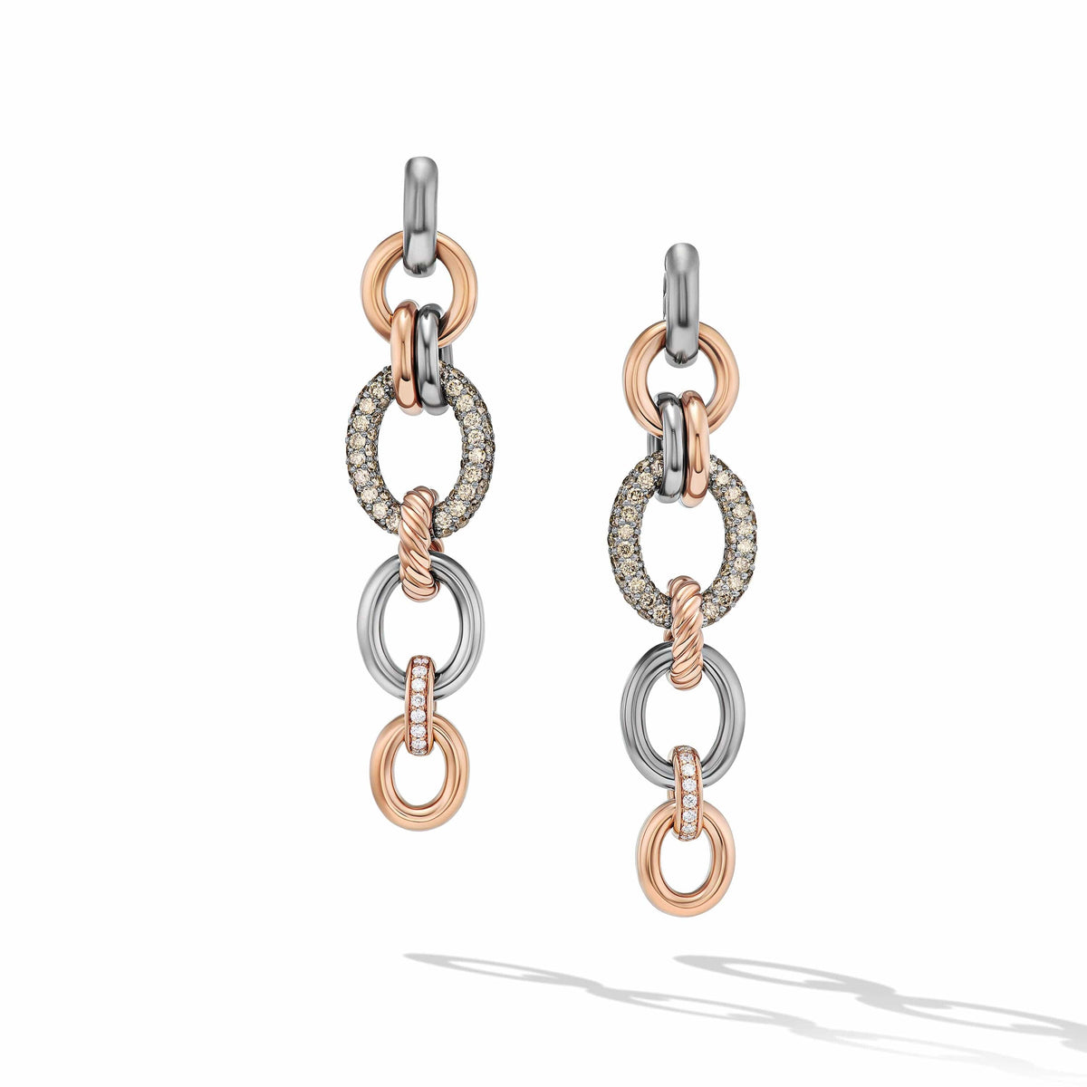 DY Mercer™ Linked Melange Drop Earrings in Sterling Silver with 18K Rose Gold and Pavé Cognac Diamonds