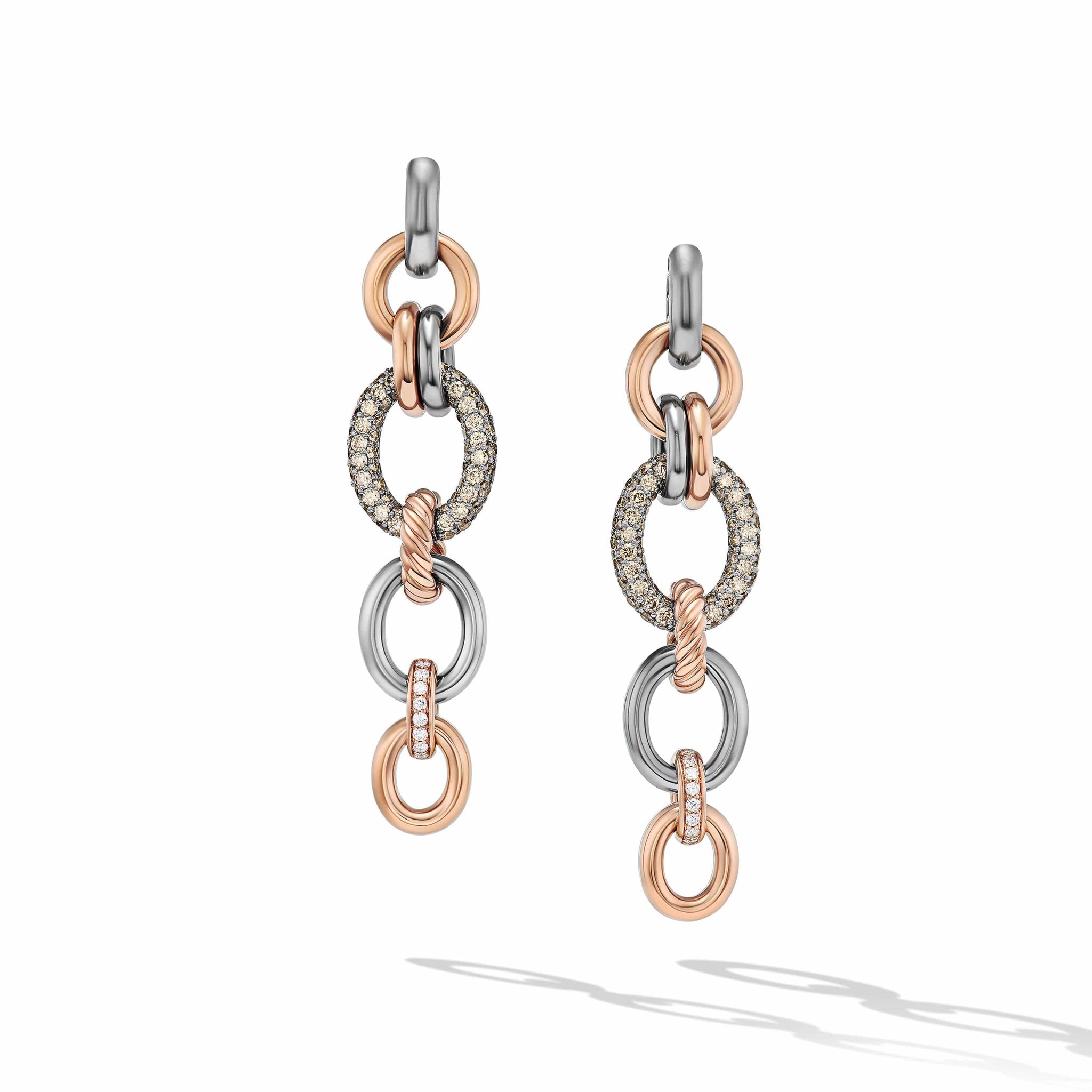 DY Mercer™ Linked Melange Drop Earrings in Sterling Silver with 18K Rose Gold and Pavé Cognac Diamonds