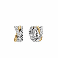 Crossover Three Row Huggie Hoop Earrings Sterling Silver with 18K Yellow Gold, 13mm