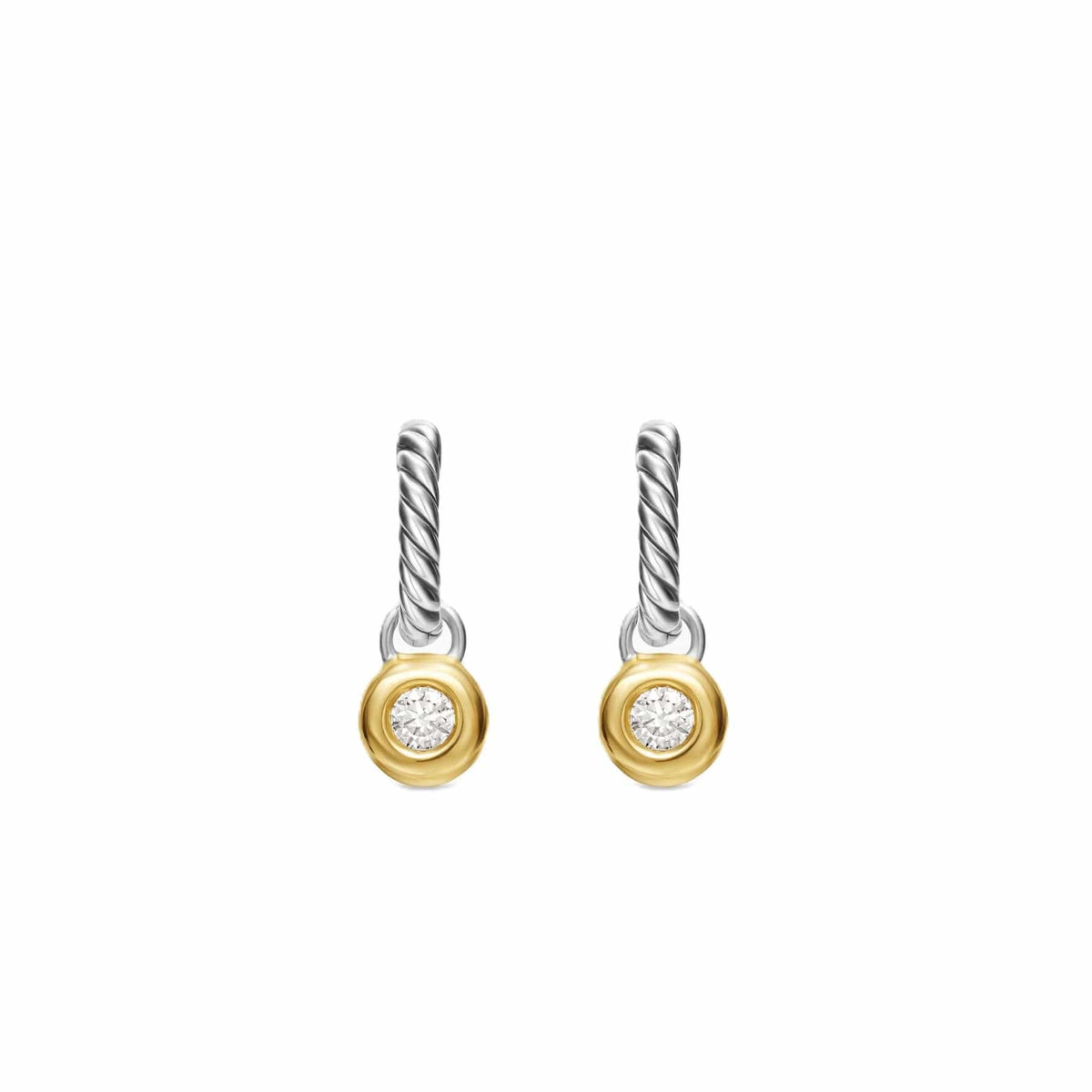 Petite Cable Huggie Drop Earrings Sterling Silver with 14K Yellow Gold and Diamonds, 17.5mm