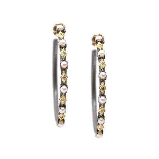 Armenta 18K Yellow Gold and Sterling Silver Champagne Diamond and Pearl Hoops