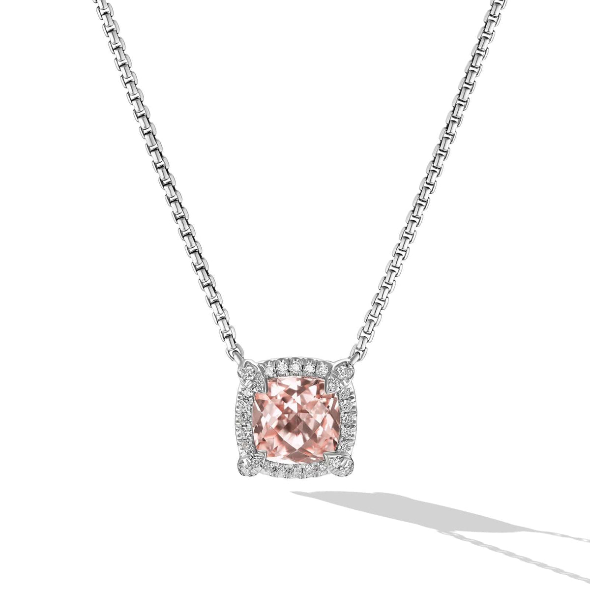 Petite Chatelaine® Pavé Bezel Pendant Necklace in Sterling Silver with Morganite and Diamonds, 7mm
