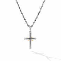 Petite Cross Necklace in Sterling Silver with 18K Yellow Gold with Diamonds, 20.8mm