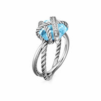 Cable Wrap Ring Sterling Silver with Blue Topaz and Diamonds, 11mm