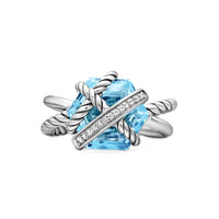 Cable Wrap Ring Sterling Silver with Blue Topaz and Diamonds, 11mm