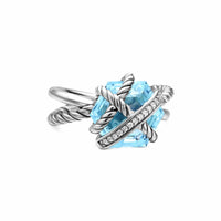Cable Wrap Ring Sterling Silver with Blue Topaz and Diamonds, 11mm