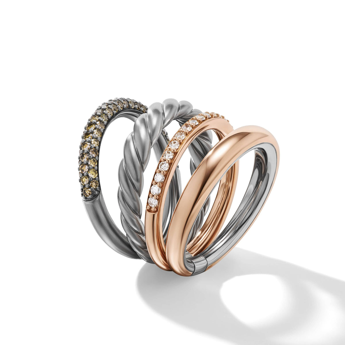 DY Mercer™ Melange Multi Row Ring in Sterling Silver with 18K Rose Gold and Pavé Diamonds