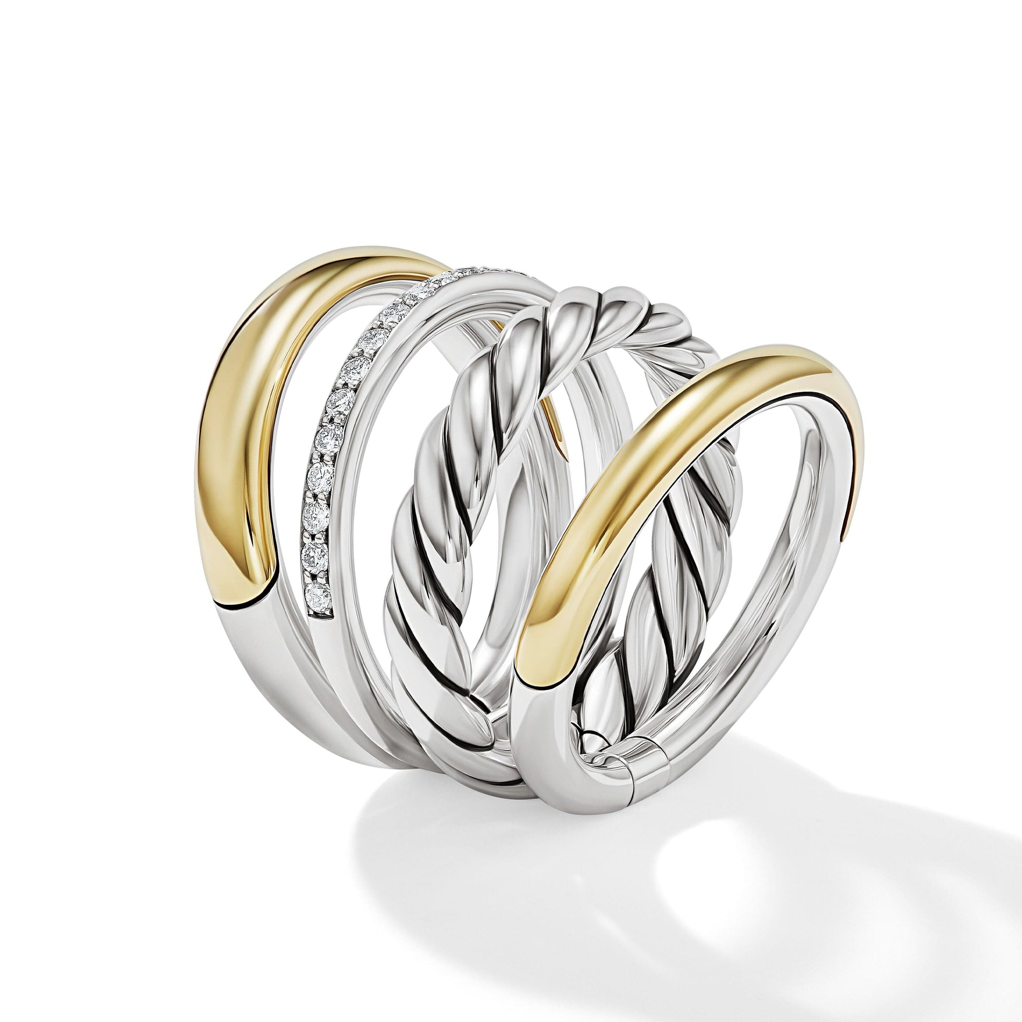 DY Mercer™ Multi Row Ring in Sterling Silver with 18K Yellow Gold and Pavé Diamonds