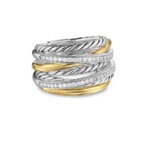 Crossover Seven Row Ring Sterling Silver with 18K Yellow Gold and Diamonds, 16mm