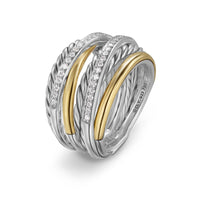 Crossover Seven Row Ring Sterling Silver with 18K Yellow Gold and Diamonds, 16mm