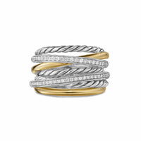 Crossover Seven Row Ring Sterling Silver with 18K Yellow Gold and Diamonds, 16mm