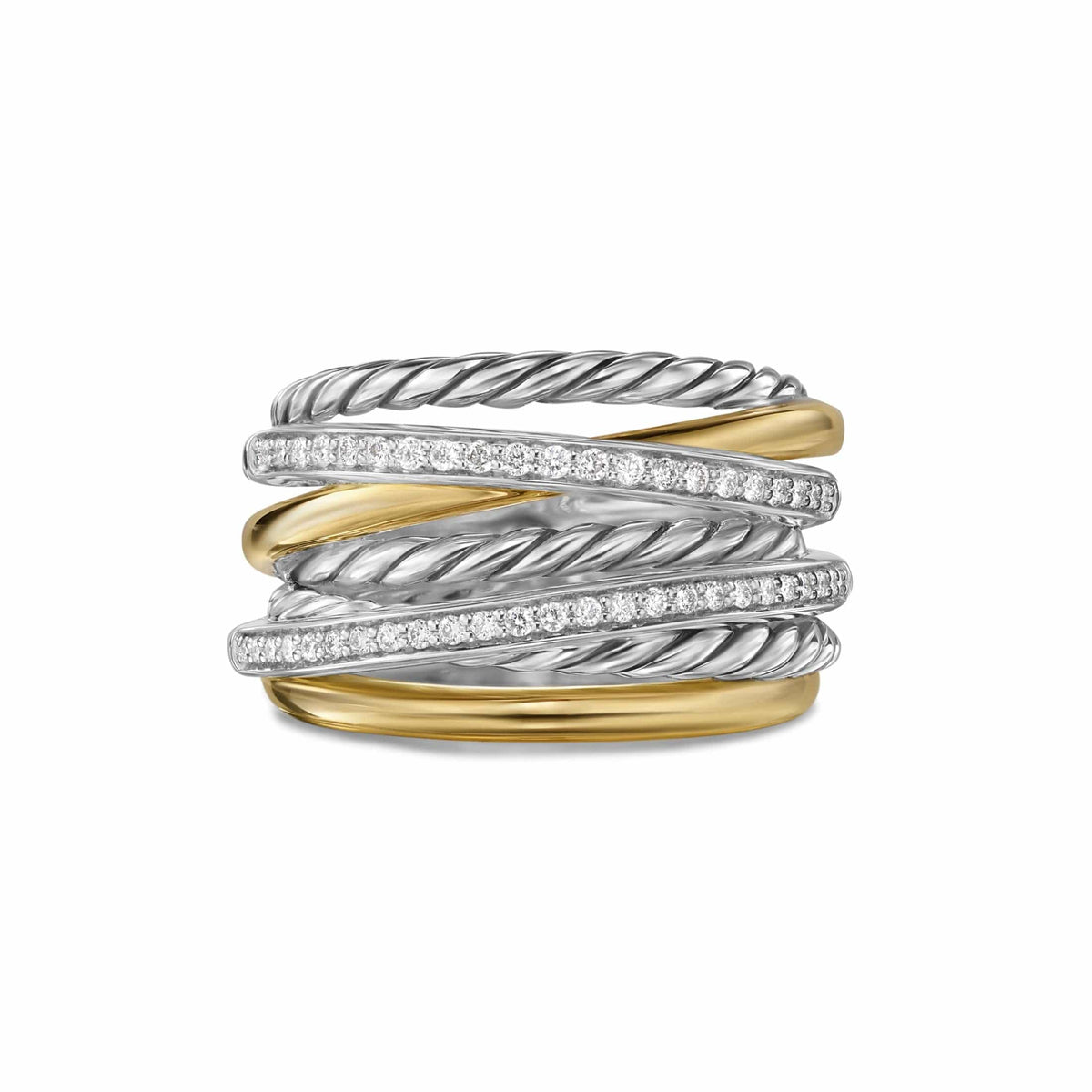 Crossover Seven Row Ring Sterling Silver with 18K Yellow Gold and Diamonds, 16mm