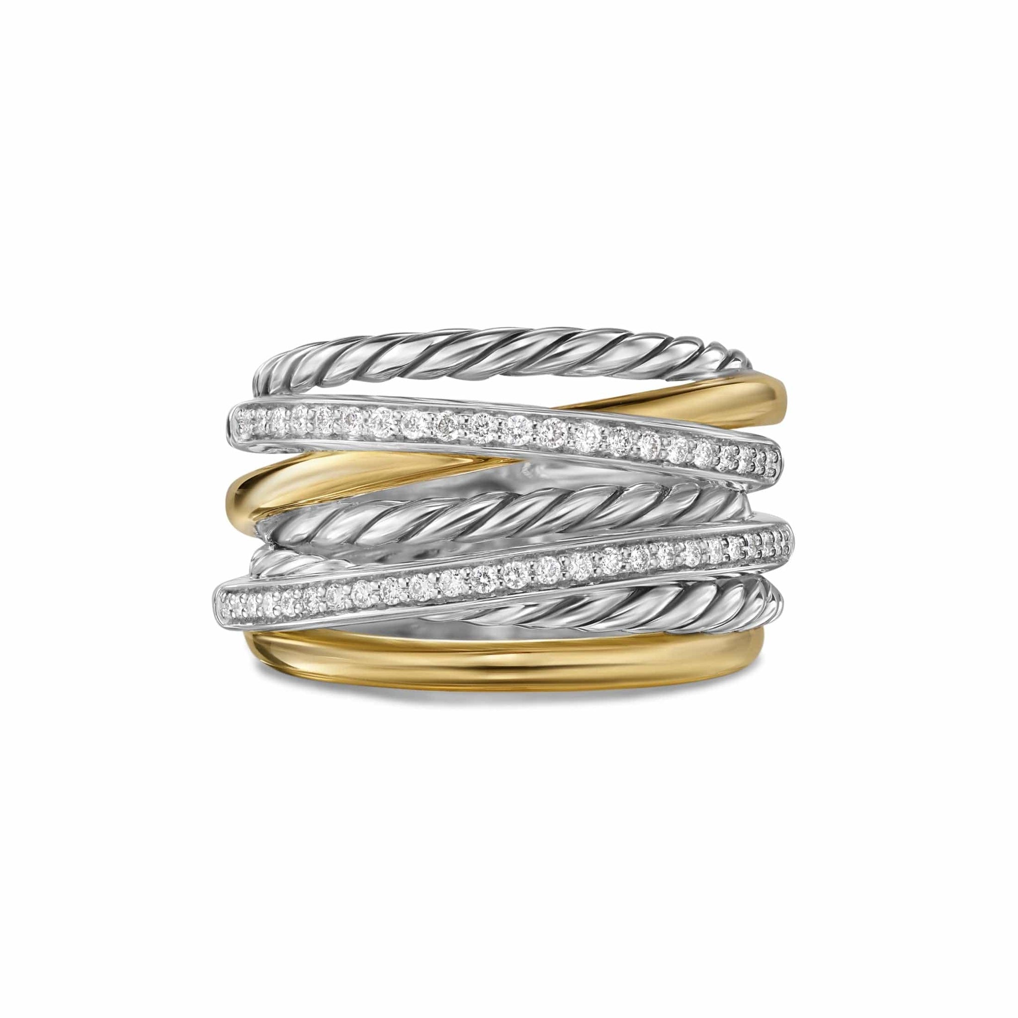 Crossover Seven Row Ring Sterling Silver with 18K Yellow Gold and Diamonds, 16mm