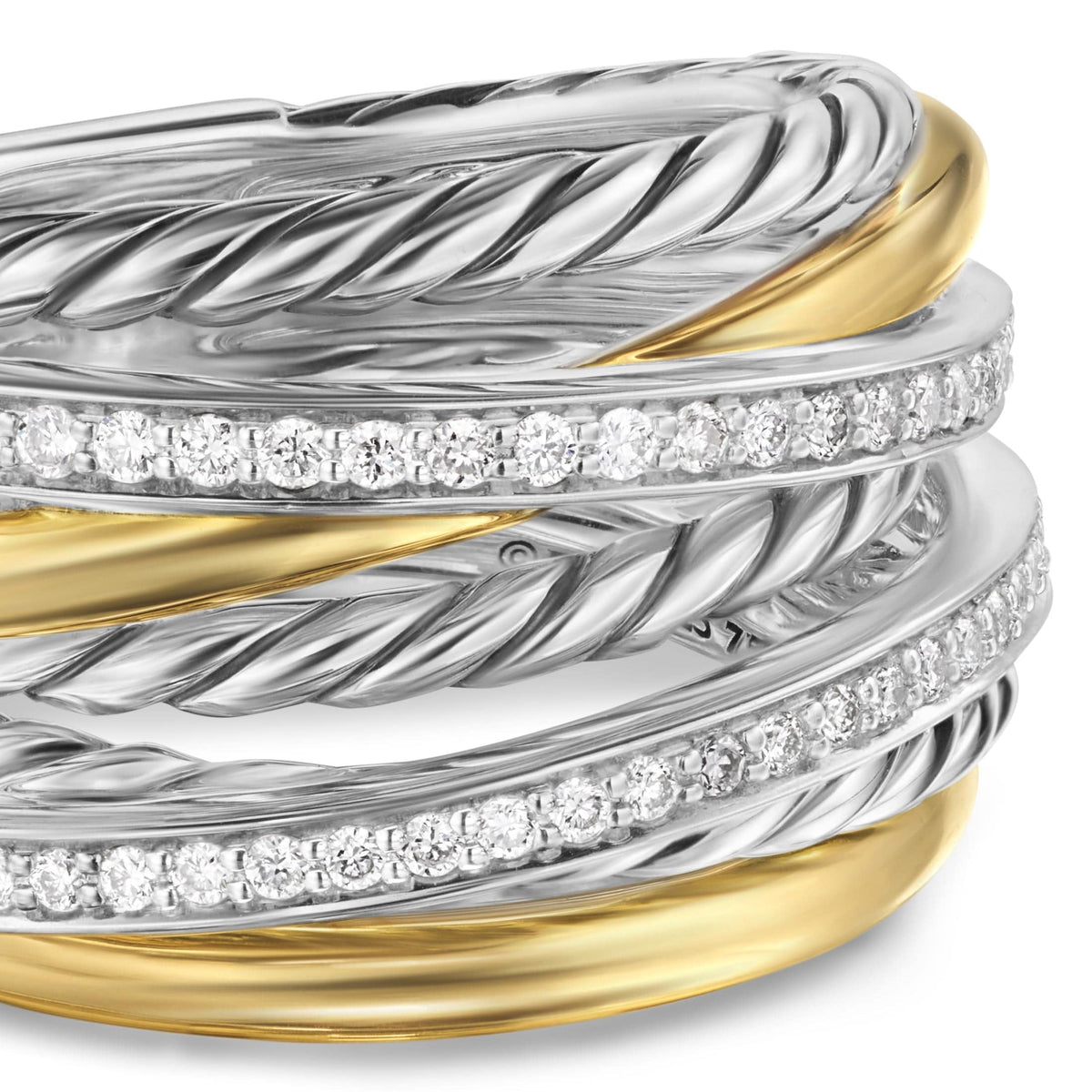 Crossover Seven Row Ring Sterling Silver with 18K Yellow Gold and Diamonds, 16mm