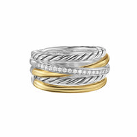 Crossover Five Row Ring Sterling Silver with 18K Yellow Gold and Diamonds, 11mm
