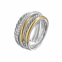 Crossover Five Row Ring Sterling Silver with 18K Yellow Gold and Diamonds, 11mm